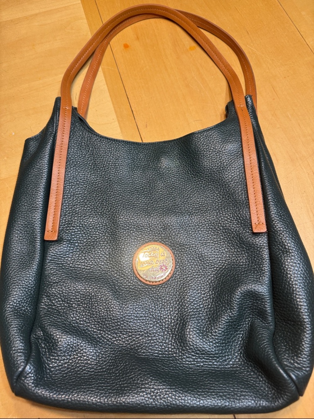 Valentina Green Pebbled Leather Purse/Tote w/Tan Handles, Today is Your Best Day